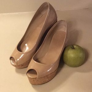 Jimmy Choo Imperfect Tan Patent Cork Wedge
